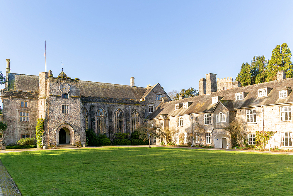 Historic medieval buildings of the Great Hall, Dartington Hall estate, south Devon, England, United Kingdom, Europe