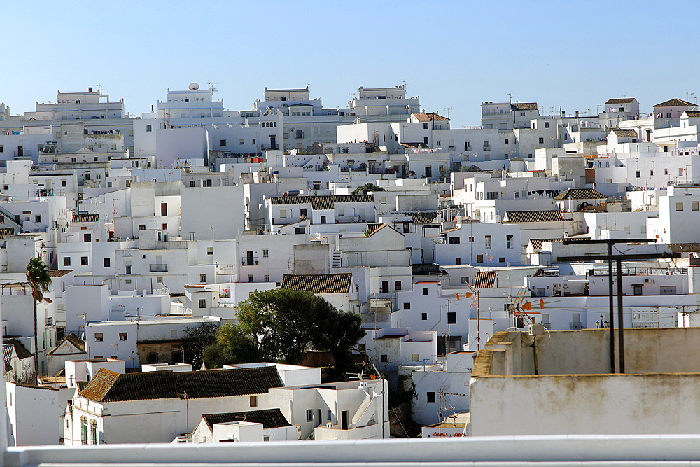 Pueblo blanco historic village whitewashed houses on hillside, Vejer de la Frontera, Cadiz Province, Spain