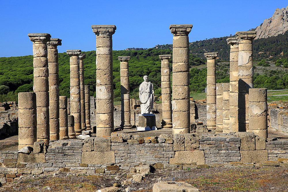 Statue of Emperor Trajan in the forum, Baelo Claudia Roman site, Cadiz Province, Spain