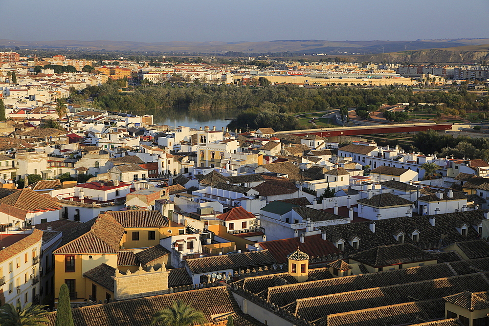 Oblique raised angle view of historic city centre buildings, Cordoba, Spain