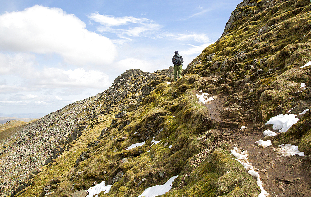 Striding Edge arete and Helvellyn mountain peak, Lake District, Cumbria, England, UK