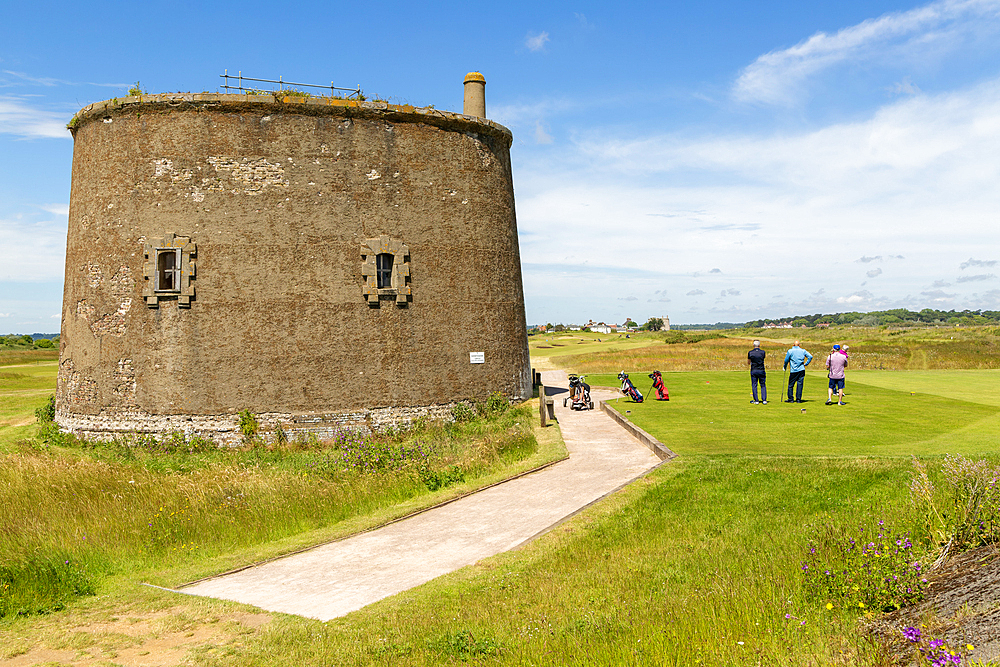 Martello Tower T 1810-1812, Napoleonic War military building on golf course, Felixstowe Ferry, Suffolk, England, UK