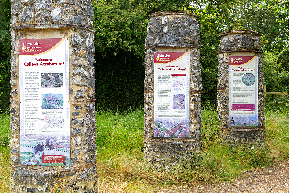 Information display boards at Roman town of Calleva Atrebatum, Silchester, Hampshire, England, UK