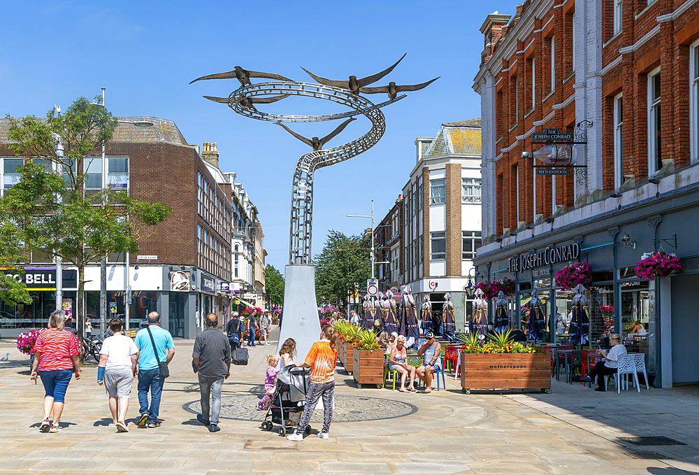 Sunny summer day Station Square, Lowestoft, Suffolk, England, UK 'Spirits of Lowestoft' sculpture