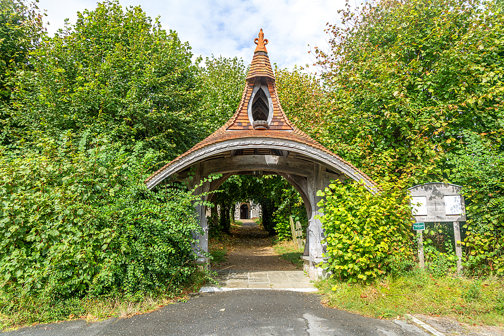 Lychgate churchyard entrance in Arts and Crafts movement style by ES Prior c 1890, Kelsale, Suffolk, England, UK