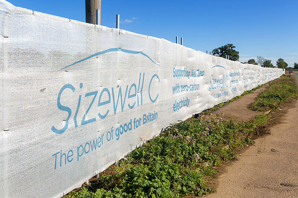 Sizewell C power station construction site screen for staff park and ride site, Wickham Market, Suffolk, England, UK