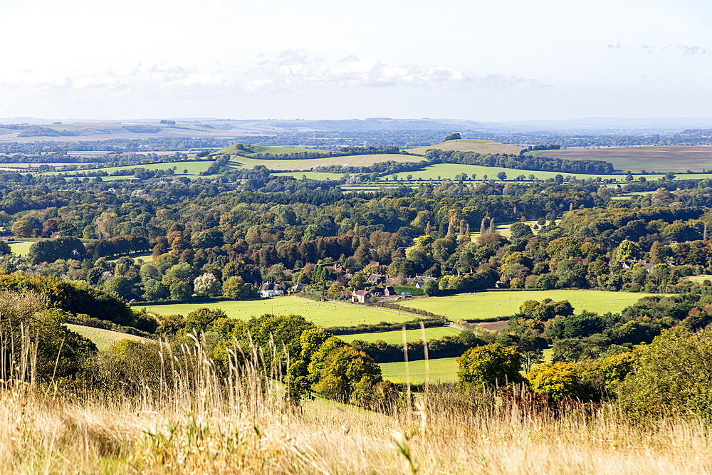 View over chalk scarp slope Vale of Pewsey, Pewsey Vale, Martinsell Hill, Oare, Wiltshire, England, UK - to Woodborough Hill