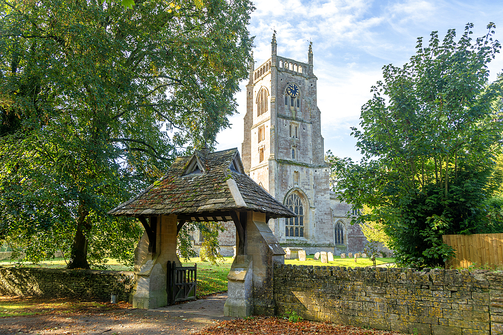 Lychgate and tower of village parish church of Saint Mary, Kempsford, Gloucestershire, England, UK