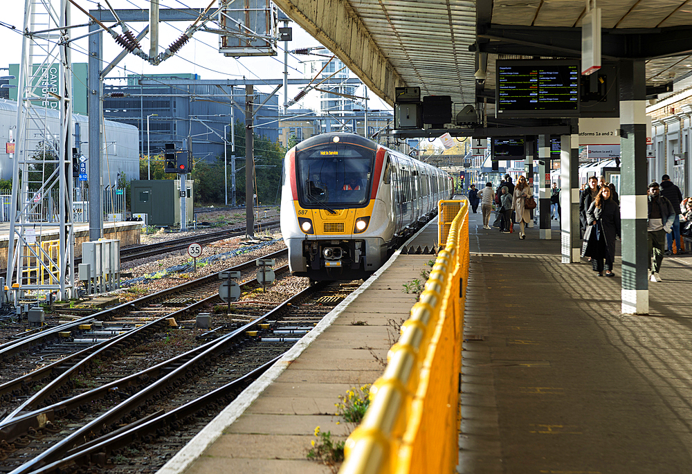 Greater Anglia class 720 Aventra train arriving at platform, Cambridge, Cambridgeshire, England, UK
