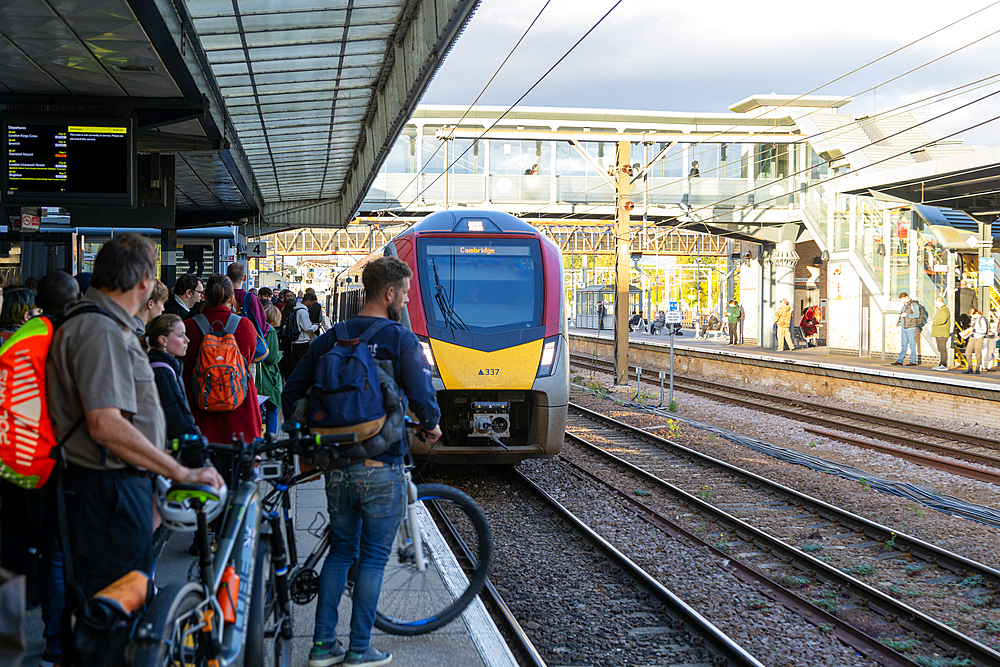Greater Anglia class 755 FLIRT train arriving at platform, Cambridge, Cambridgeshire, England, UK