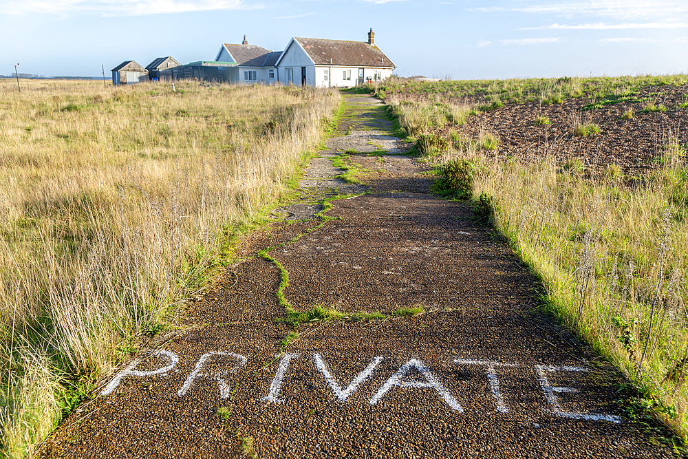 Private painted sign on driveway to restrict entry to property, The Beacons, Shingle Street, Suffolk, England, UK