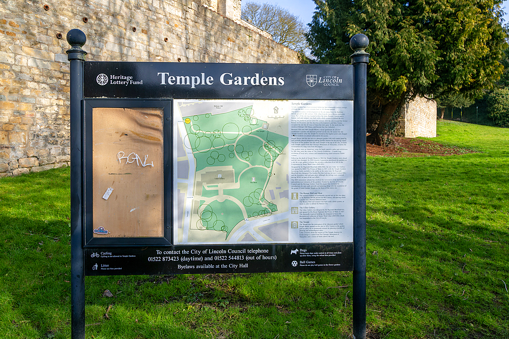 Map and information sign for Temple Gardens, city of Lincoln, Lincolnshire, England, UK