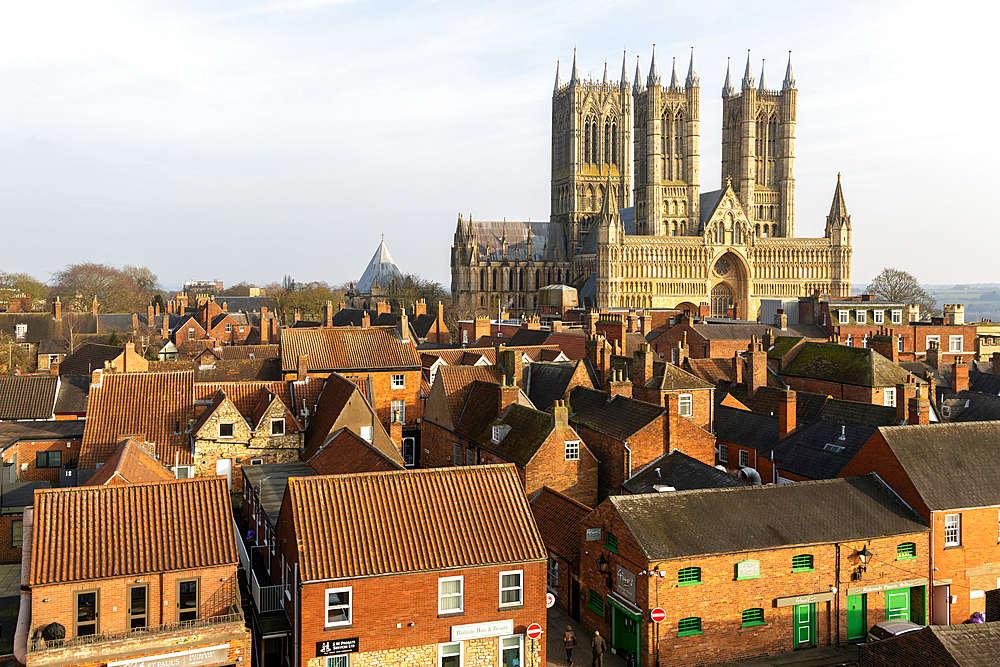 West frontage of Lincoln cathedral church viewed from castle walls, city of Lincoln, Lincolnshire, England, UK