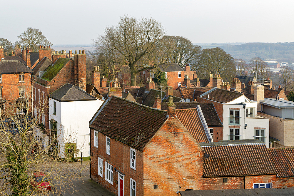 Roofs of historic buildings in Uphill area of city of Lincoln, Lincolnshire, England, UK