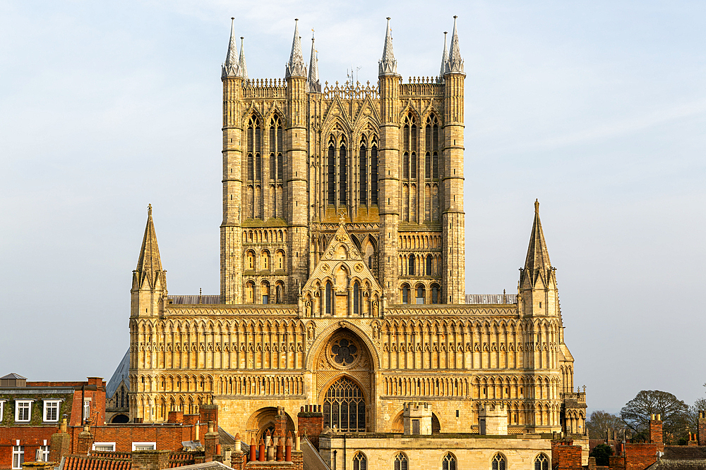 West frontage of Lincoln cathedral church viewed from castle walls, city of Lincoln, Lincolnshire, England, UK