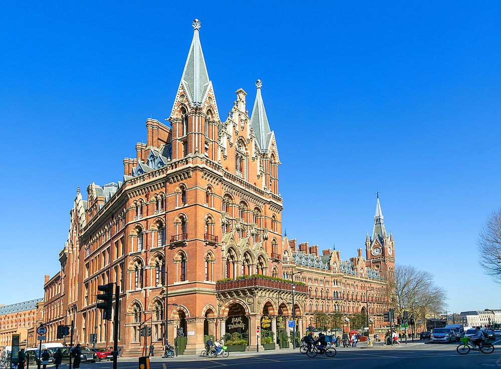 St Pancras Renaissance international railway station hotel, London, England, UK, Gothic Revival architecture by Sir George Gilbert Scott 1873