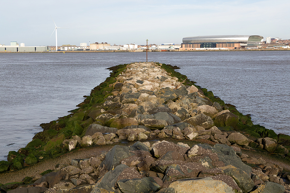 Rock boulder breakwater groyne River Mersey estuary, Wallasey, Wirral Peninsula, Merseyside, England, UK