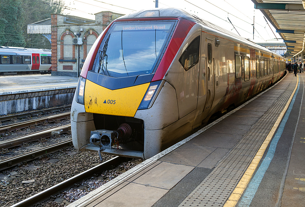 Greater Anglia, British Rail Class Stadler 755 bi-modal multiple unit passenger train arriving at Ipswich railway station, Suffolk, England, UK