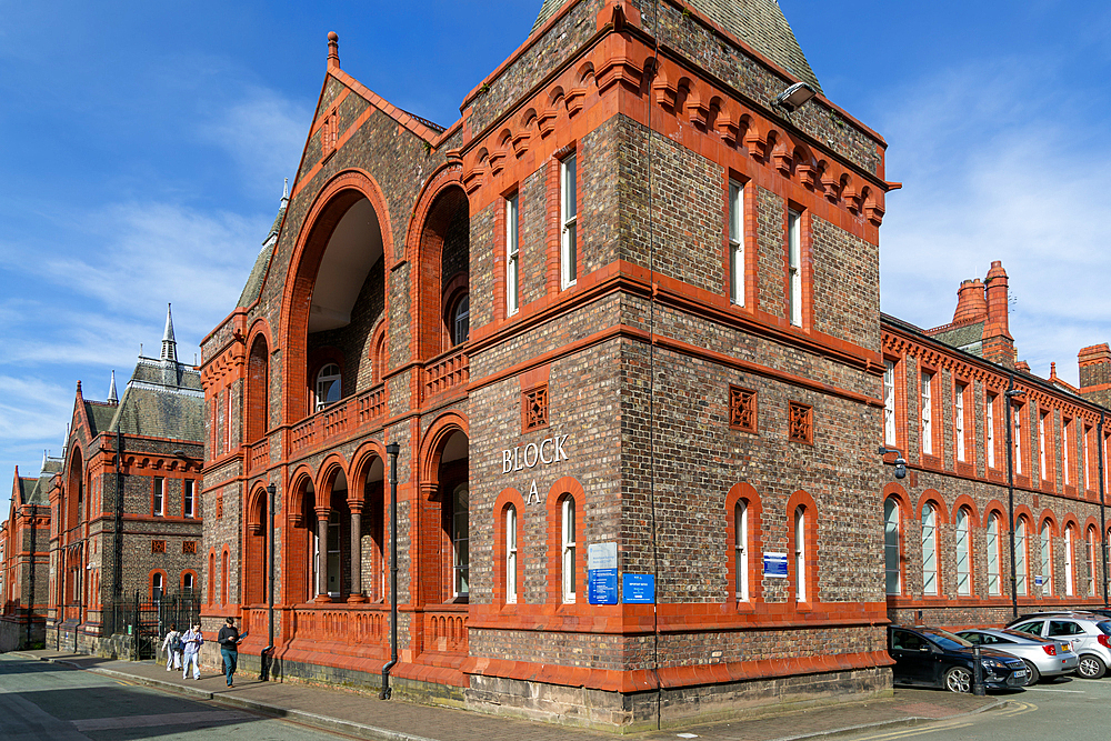 Red brick of historic Waterhouse buildings, North Campus, University of Liverpool, England, UK Block A