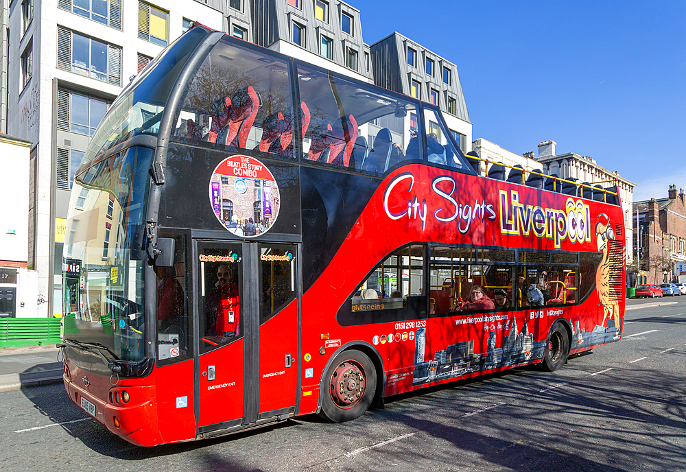 Liverpool City Sights red double-decker open -top tour bus, Liverpool, Merseyside, England, UK