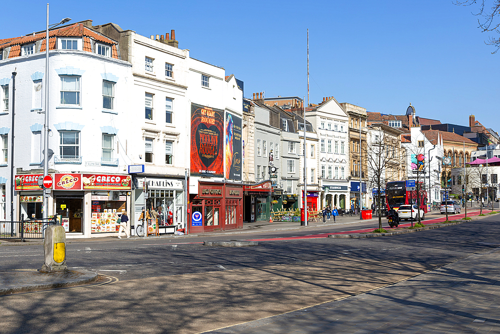 Historic buildings and shops, St Augustine's Parade, city centre of Bristol, England, UK