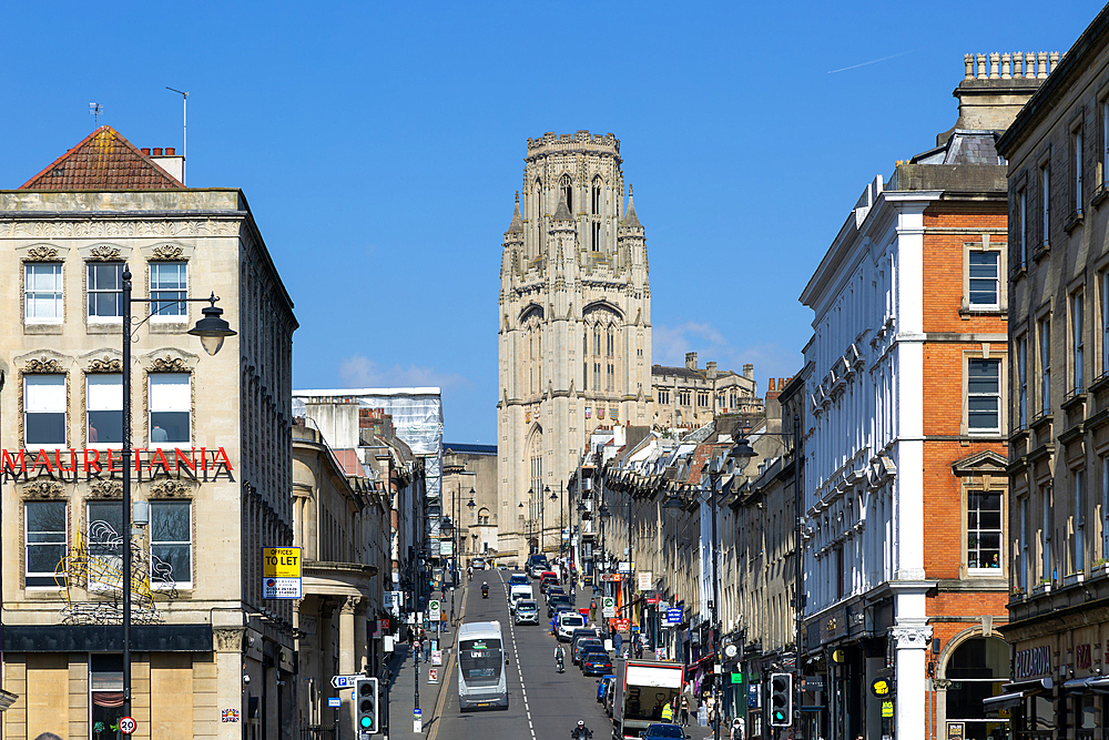 Looking up Park Street to the tower the Wills Memorial building, city centre of Bristol, England, UK