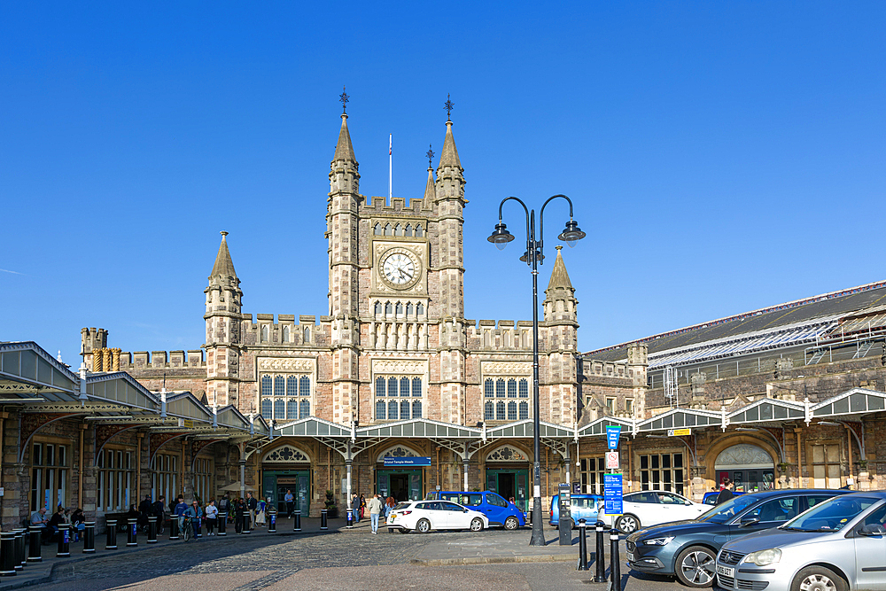 Historic frontage of Temple Meads railway station building, Bristol, England, UK architect Isambard Kingdom Brunel 1840