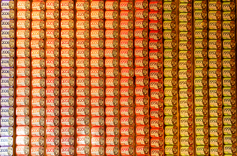 Dated tins of sardines, The Fantastic World of the Portuguese Sardine shop store, Vila Nova de Gaia, Porto, Portugal, Europe