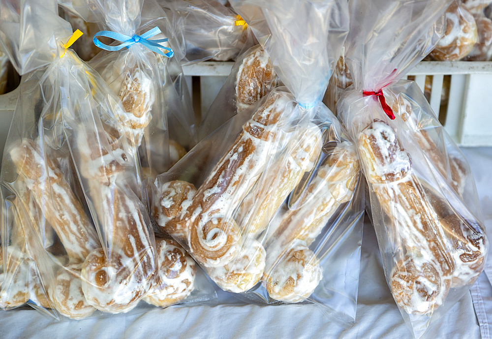 Phallus penis-shaped Bolos de São Gonçalo cakes speciality cake of Amarante, Portugal, Europe