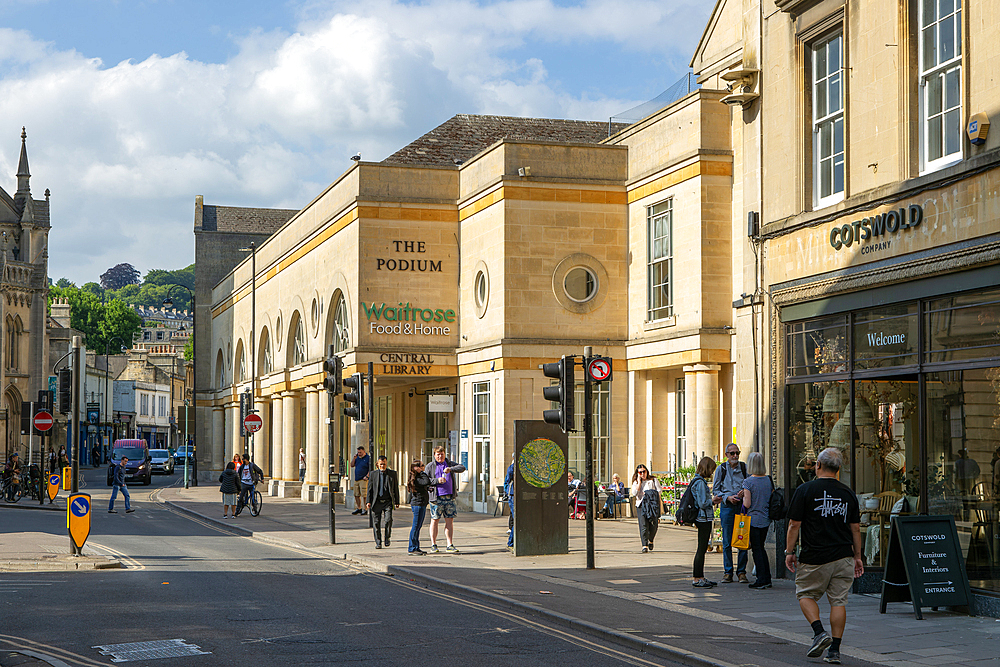 The Podium Waitrose supermarket and Central Library, city of Bath, north east Somerset, England, UK