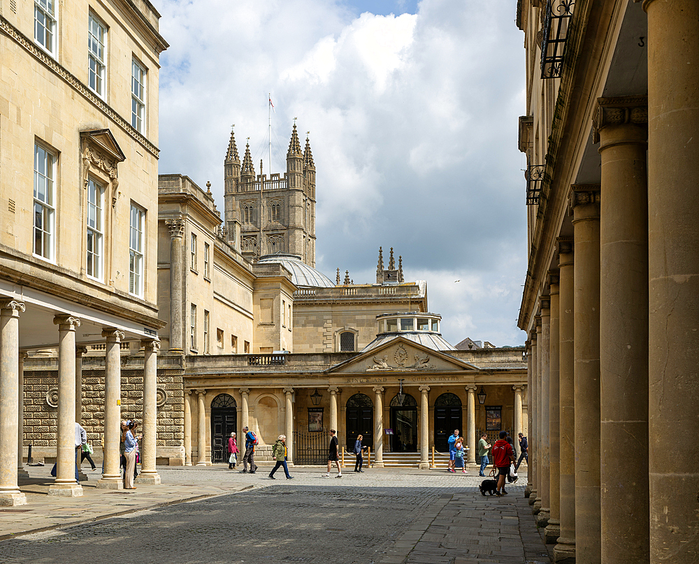 Georgian style buildings with colonnades, Bath Street, city of Bath, north east Somerset, England, UK