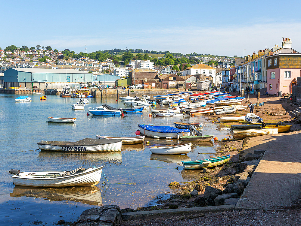 Small boats in harbour at Back Beach, Teignmouth, south Devon, England, UK