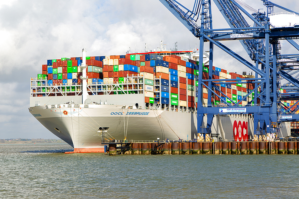 OOCL Zeebrugge container ship at quayside, Port of Felixstowe, Suffolk, England, United Kingdom, Europe