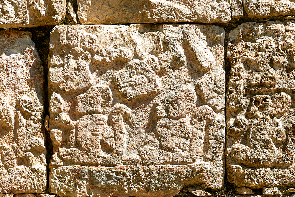 Carved stonework details, Temple of Panels (Templo de los Tableros Esculpidos), Mayan ruins, Chichen Itza, UNESCO World Heritage Site, Yucatan, Mexico, North America