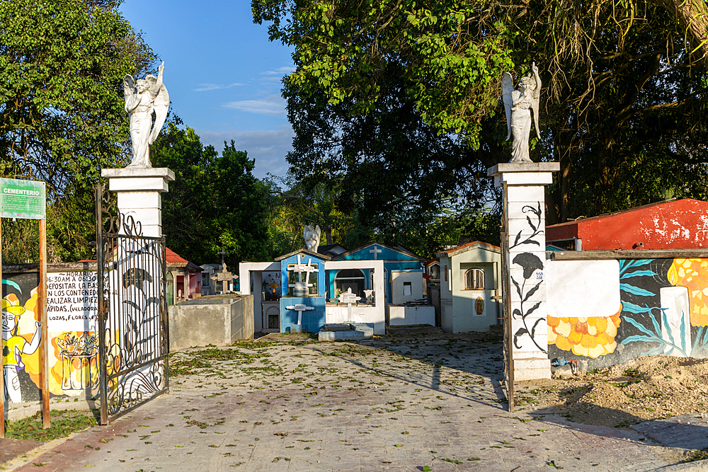 Cemetery entrance gates in town of Bacalar, Quintana Roo, Yucatan Peninsula, Mexico, North America