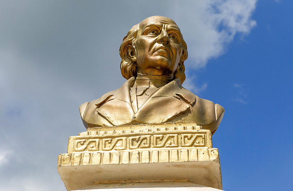 Gold coloured bust head of Miguel Hidalgo Y Costilla 1753-1811, Bacalar, Quintana Roo, Yucatan Peninsula, Mexico, North America