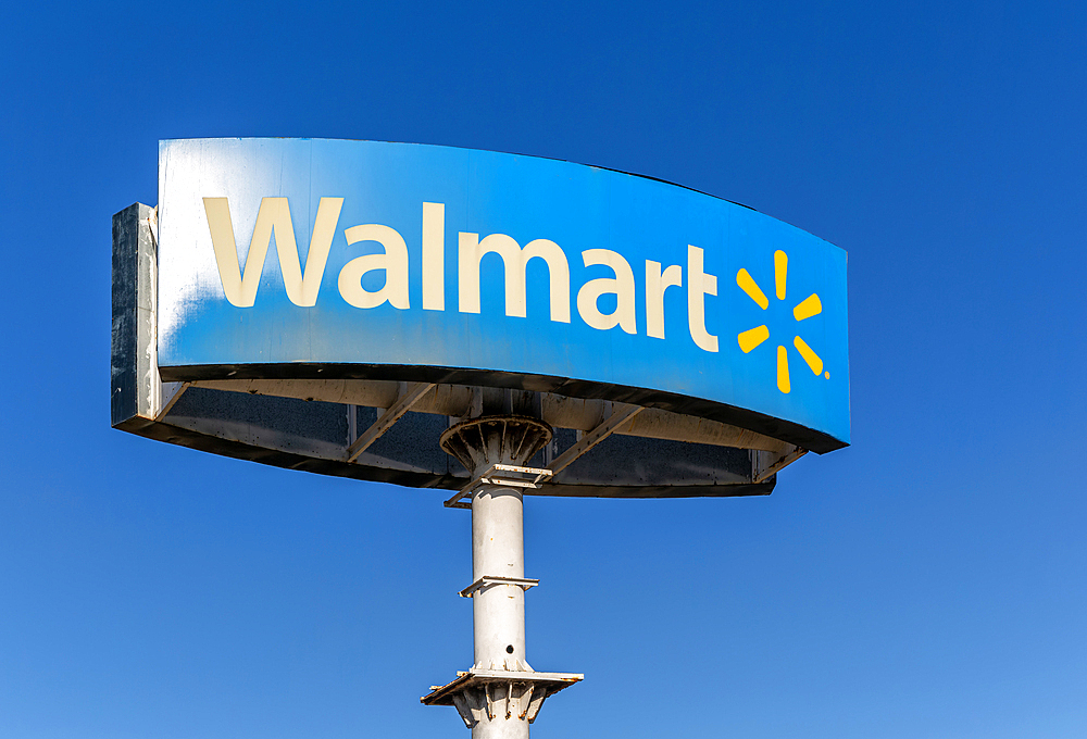 Walmart sign against blue sky, Campeche city, Campeche State, Mexico, North America