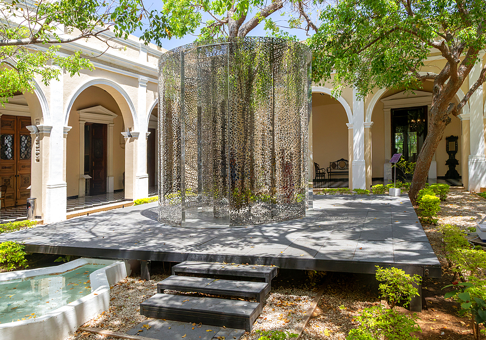 Art exhibition Atlas by Jan Hendrix, artwork in central courtyard of palace of Casa de Montejo, Merida, Yucatan State, Mexico, North America