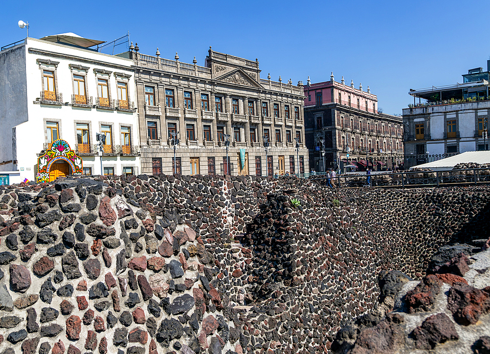 Templo Mayor, archaeological site of Aztec capital city of Tenochtitlan, view to Casa del Marques de Prado, Centro Historico, UNESCO World Heritage Site, Mexico City, Mexico, North America Prado Alegre