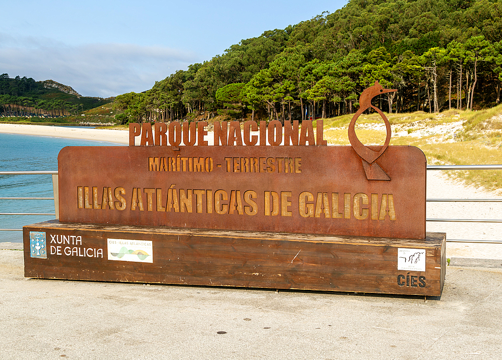 Sign Cies Islands, Atlantic Islands Galicia Maritime Terrestrial National Park (Parque Nacional Maritime-Terrestre Illas Atlanticas de Galicia), Galicia, Spain, Europe