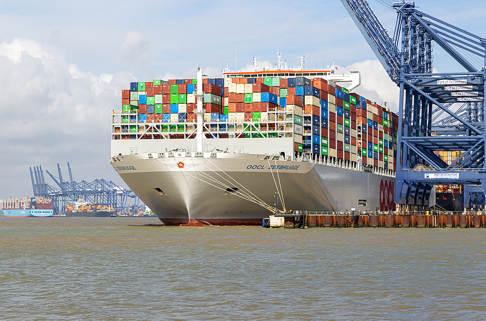 OOCL Zeebrugge container ship at quayside, Port of Felixstowe, Suffolk, England, United Kingdom, Europe