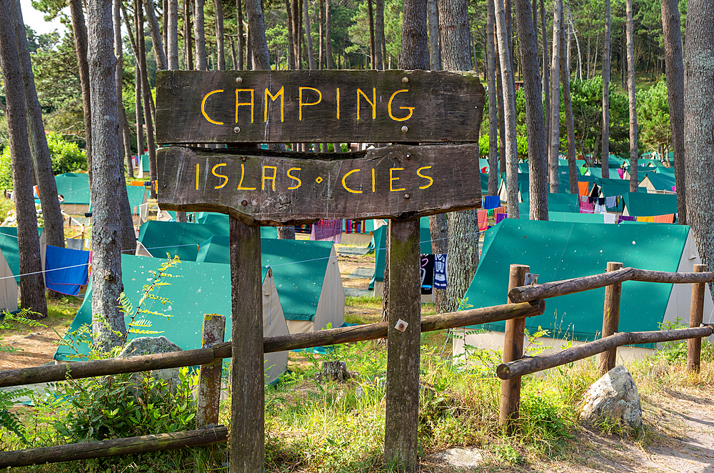 Tents in campsite, Camping Islas Cies, Isla del Faro, Cies Islands, Galicia, Spain, Europe