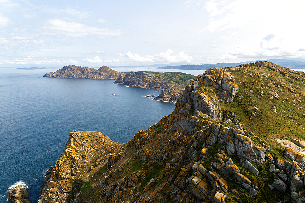 West facing steep cliffs view north from Isla del Faro, Cies Islands, Atlantic Islands Galicia Maritime Terrestrial National Park, Galicia, Spain, Europe