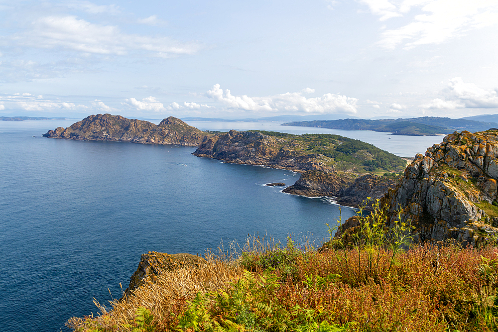 West facing steep cliffs view north from Isla del Faro, Cies Islands, Atlantic Islands Galicia Maritime Terrestrial National Park, Galicia, Spain, Europe