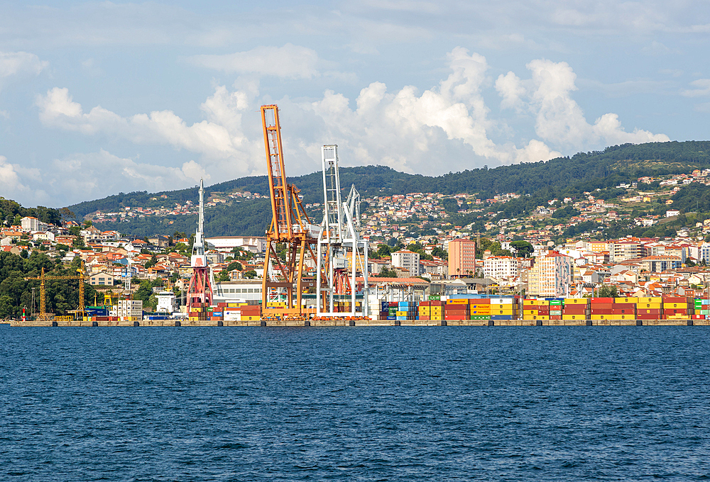 Cranes and containers on quayside at Peirao de Guixar container terminal, port of Vigo, Galicia, Spain, Europe