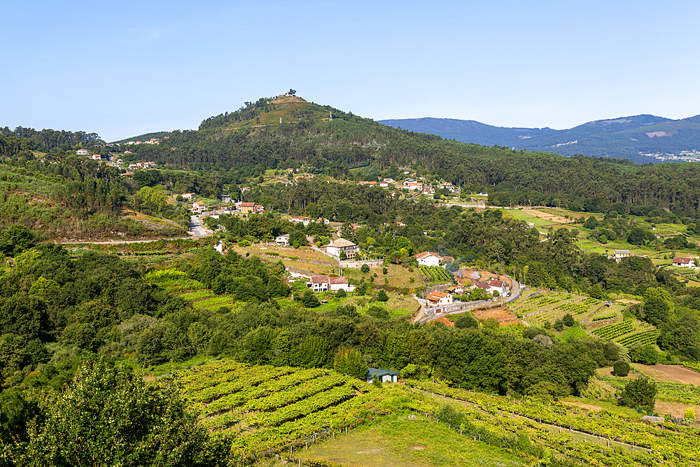 View over countryside to Ermida da Peneda from Castelo de Soutomaior castle, Pontevedra, Galicia, Spain, Europe