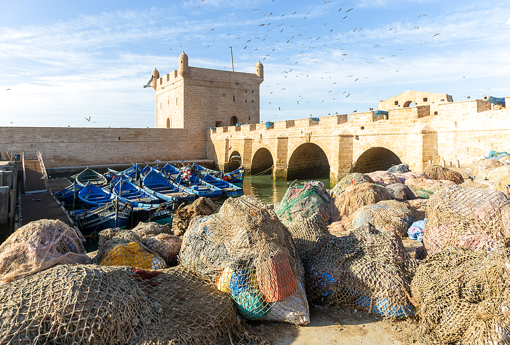 Blue wooden finish boats and nets, Sqala du Port d'Essaouira, Essaouira, Morocco, North Africa, Africa