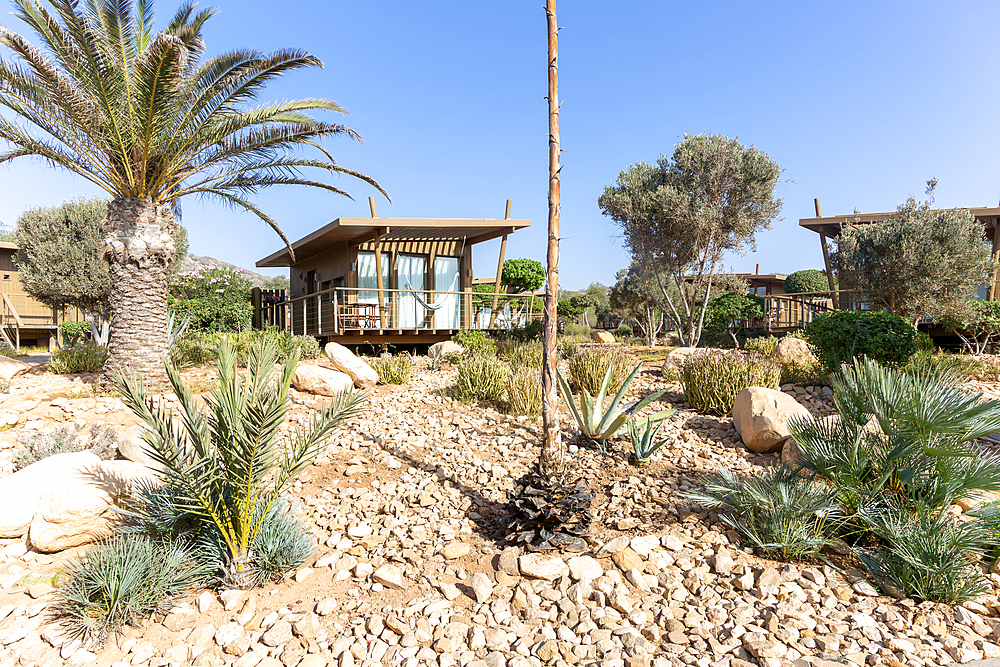 Wooden cabin bungalow in gardens, Radisson Blu Resort, Taghazout Bay Surf Village, Taghazout, Morocco, North Africa, Africa