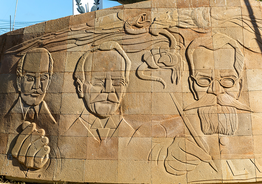 Faces of historic figures, Independence monument in Barrio San Roman, Campeche city, Campeche State, Mexico, North America