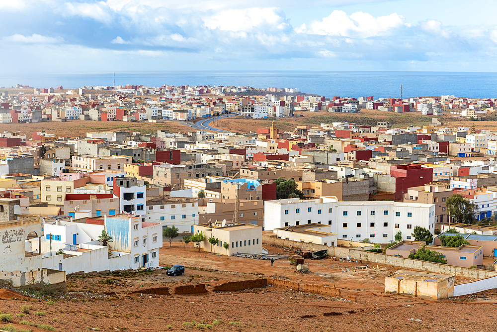 Oblique view over coastal town to Atlantic Ocean, Mirleft, southern Morocco, North Africa, Africa